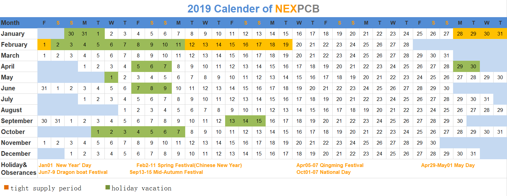 2019 Holiday Schedule