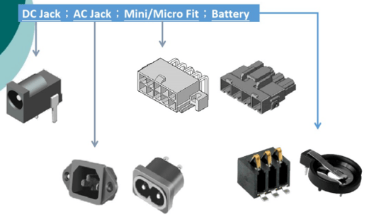 Power Connectors. DC Jack; AC Jack; Mini Micro Fit; Battery